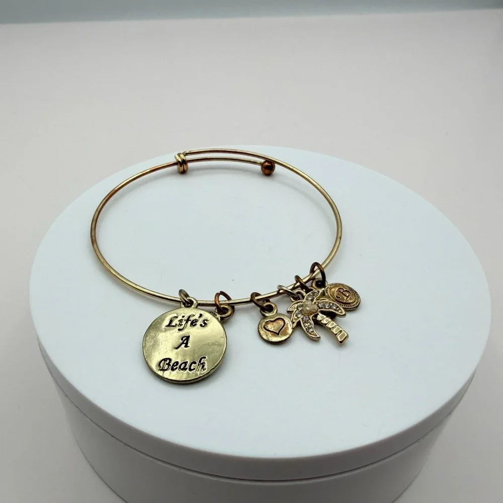 Vintage 90s Gold Tone Bangle Bracelet Palm Tree Heart Life's A Beach Charm Glass